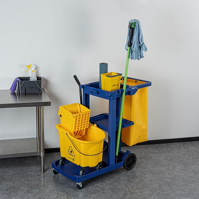 Restaurantware-Clean Tek Professional Janitor Cart with Wheels, 1 Cleaning Trolley with 18 Gallon Bag - 3 Shelves, Heavy-Duty, Blue Plastic Commercial Janitorial Cart, for Restaurants