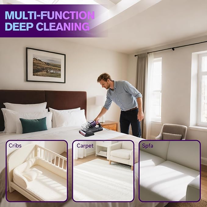 Mxnsewr Mattress Vacuum Cleaner, Ultrasonic Bed Vacuum Cleaner with 18Kpa Strong Suction, 150°F Heat & 253.7nm UV-C Light, Intelligent Dual Cup, One-Click Dust Removal for Bed, Sofa, Pet Hair, Gray