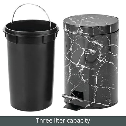 mDesign Extra Small Modern 3-Liter/.7 Gallon Round Metal Lidded Step Trash Can, Compact Garbage Bin with Removable Liner Bucket and Handle for Bathroom, Kitchen, Office, Garage - Black Marble Print