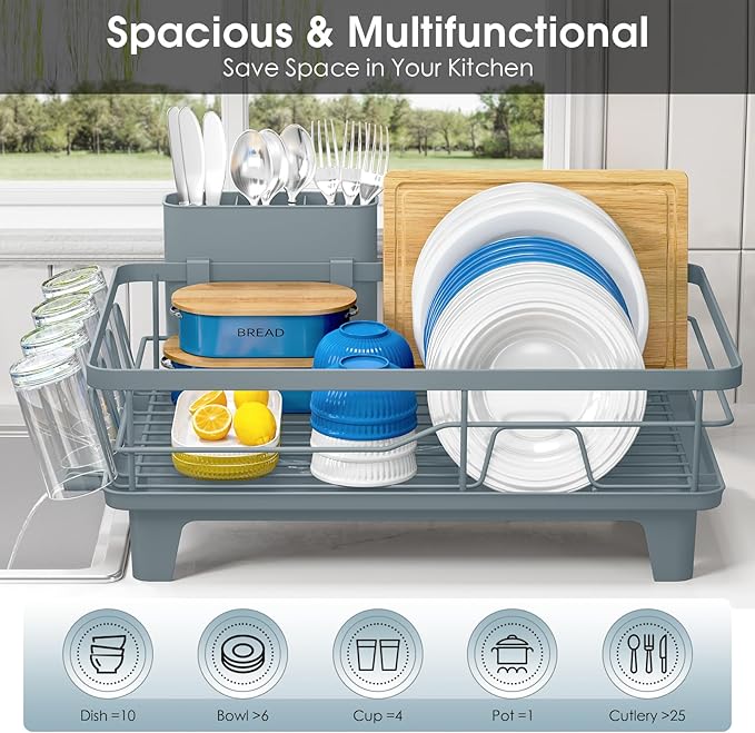 Urackify Dish Drying Rack for Kitchen Counter, Sink Dish Rack with Drainboard, Large Dish Drainer with Cups Holder, Home Countertop Plate Dryer Storage Rack with Cutlery Holder, Blue