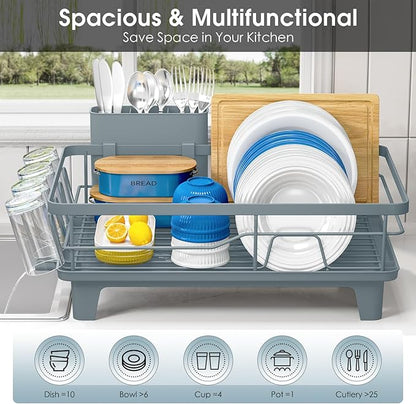 Urackify Dish Drying Rack for Kitchen Counter, Sink Dish Rack with Drainboard, Large Dish Drainer with Cups Holder, Home Countertop Plate Dryer Storage Rack with Cutlery Holder, Blue
