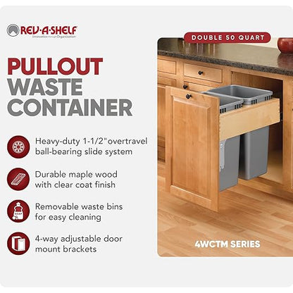 Rev-A-Shelf Top Mount Double Pullout Under Cabinet 50 Quart Kitchen Trash Cans w/Soft-Close for Full Height Cabinet, 150 Pound Rated Full-Extension Slides, 4WCTM-2150BBSCDM-2