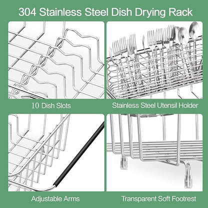 Fanbsy Large Dish Drainer Rack in Sink Adjustable, Expandable 304 Stainless Steel Metal Dish Drying Rack Organizer with Stainless Steel Utensil Holder Over Inside Sink Counter, Rustproof