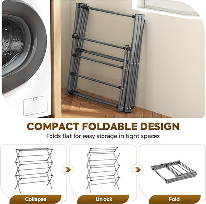 KINGBOARD Clothes Drying Rack, Collapsible Drying Rack Clothing with 11 Poles, 3-Tier Laundry Drying Rack, Small Clothes Drying Rack Foldable for Baby Clothes Sock Towel, 25lb Capacity, Grey