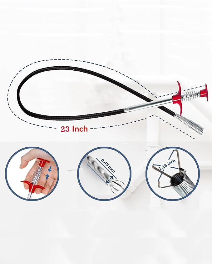 23 Inch Drain Snake Toilet Snake, 4-Claw Flexible Grabber Claw, Metal Core Pipe-Safe Clog Remover & Pick Up Small Items for Sink Shower Tub Kitchen