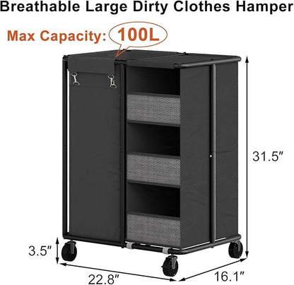 WOWLIVE Laundry Sorter with Wheels 100L Rolling Laundry Hamper with Hanging and Removable Bag Laundry Cart with Steel Frame and Storage Unit Large Basket Organizer for Dorm Room, Bathroom (Black)