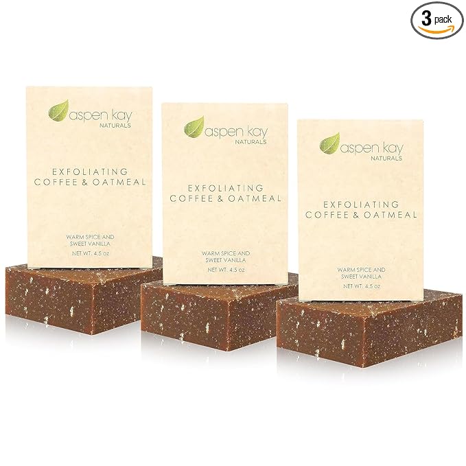 Aspen Kay Naturals Coffee & Oatmeal Exfoliating Soap, Natural and Organic Coffee Scrub. With Organic Shea Butter & Pure Essential Oils. A Wonderful Oatmeal Soap, For Men & Women. (3 pack)