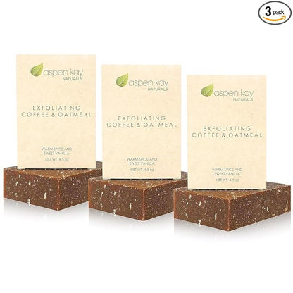 Aspen Kay Naturals Coffee & Oatmeal Exfoliating Soap, Natural and Organic Coffee Scrub. With Organic Shea Butter & Pure Essential Oils. A Wonderful Oatmeal Soap, For Men & Women. (3 pack)
