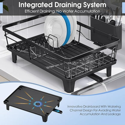 Urackify Dish Drying Rack for Kitchen Counter, Sink Dish Rack with Drainboard 12.2" W x 16.5" L, Large Dish Drainer with Cutlery Holder, Home Countertop Plate Dryer Storage Rack, Black