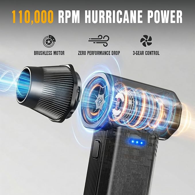 ALDIPRO Brushless Compressed Air Duster - 110000RPM Electric Air Duster, Rechargeable 3-Speed Small Blower & PC Cleaning Kit for Computer, Keyboard, Car and House