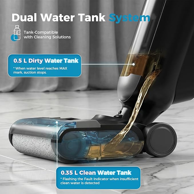Wet Dry Vacuum Cleaner, Cordless Floor Washer, Vacuum and Mop All in One with Auto Self-Cleaning, Dual Water Tank & Tangle-Free Brush Design, Dual-Edge Cleaning, Up to 35-Minute Runtime