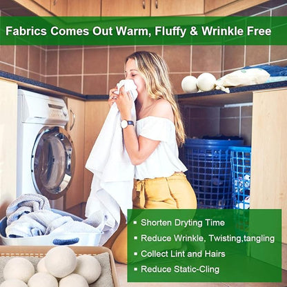 KINTOR XL Wool Dryer Balls 6-Pack, 100% New Zealand Wool, Reusable Fabric Softener, Cut Drying Time, Reduce Wrinkles Lint & Pet Hair, Hypoallergenic Quiet Laundry Balls