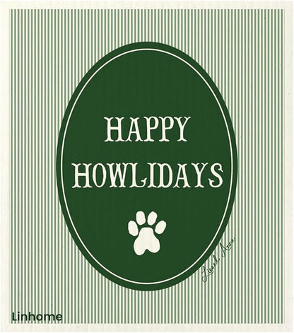 Christmas Holiday Swedish Dishcloth, Cats and Dogs Collection, Reusable Paper Towel, Super Absorbent Cellulose Sponge, Washable Kitchen Cleaning Cloth (Happy Howlidays - 1 Pack)