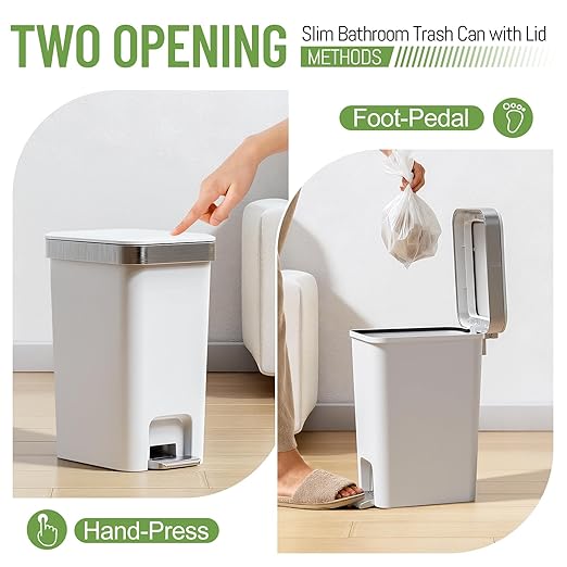 2 Pack Bathroom Garbage Can with Lid, 2.6 Gallon /10 Liter Small Trash can, Press Top Bin & Step Metal Pedal Trash Bin, Mini Waste Basket for Bedroom, Home Office, Toilet, Dorm (Grayish-White)