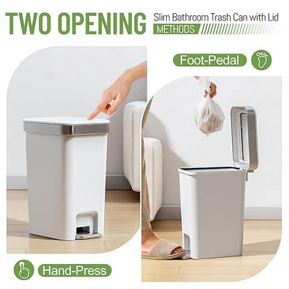 2 Pack Bathroom Garbage Can with Lid, 2.6 Gallon /10 Liter Small Trash can, Press Top Bin & Step Metal Pedal Trash Bin, Mini Waste Basket for Bedroom, Home Office, Toilet, Dorm (Grayish-White)