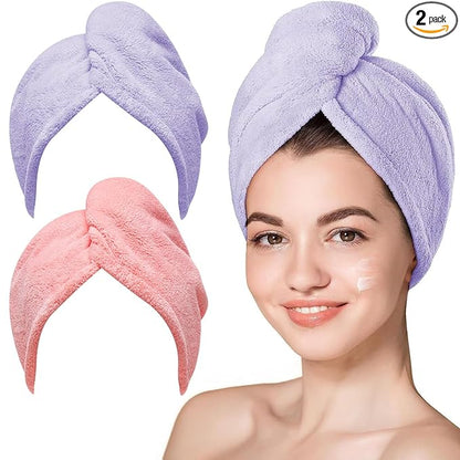 Hicober Microfiber Hair Towel, 2Packs Hair Turbans Wrap for Women Wet Hair, Hair Drying Towels for Curly Hair Anti Frizz(Purple,Pink)