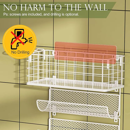 Wall-Mounted Hair Dryer Holder Styling Tool Organizer 4-Shelf Storage Wire Basket with Hook Heat Safe Rack for Hair-Straighteners,Curling Wands,Flat Iron,Cabinet Door Bathroom Kitchen White