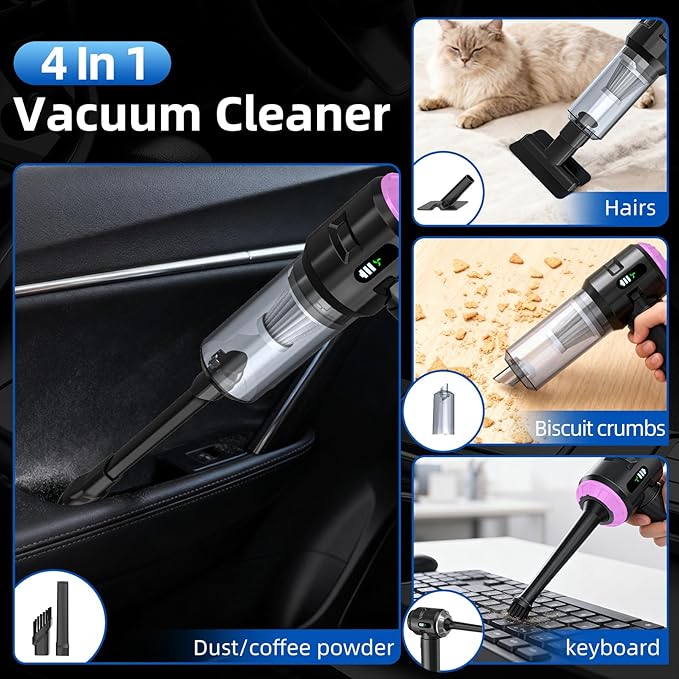 Sycoodeal Handheld Car Vacuum Cleaner, 25000PA Strong Cyclonic Suction Portable Mini Vacuum Cordless with Digital Display Lightweight for Pet Hair, Car, Home, Office, Kitchen (Purple)
