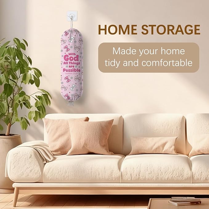 Pink Bow Plastic Bag Holder, Wall Mount Organizer for Reusable Canvas Grocery Bags, Decorative Home Kitchen Pantry Decor Hanging Bag Dispenser, Christian Shopping Bags Storage Dispenser