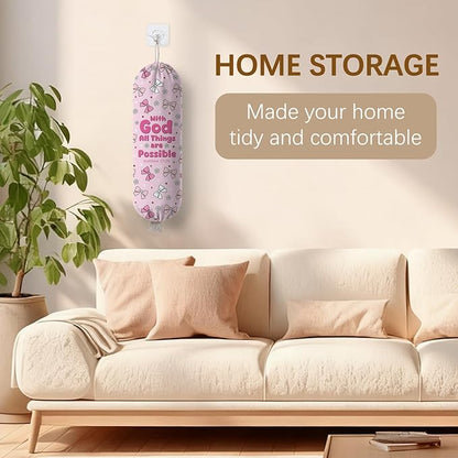 Pink Bow Plastic Bag Holder, Wall Mount Organizer for Reusable Canvas Grocery Bags, Decorative Home Kitchen Pantry Decor Hanging Bag Dispenser, Christian Shopping Bags Storage Dispenser