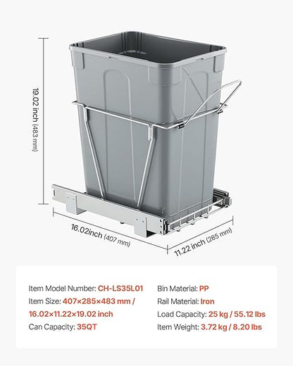 VEVOR Pullout Trash Can for Kitchen Cabinets, 35 QT Garbage Waste Recycling Bin, Under Mount Waste Container, with Heavy Duty Metal Full Extension Sliding System and Handle, for Sink, Under Counter