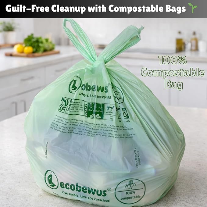 2.6 Gallon 100% Compostable Bags Handle Tie (110 Bags) 9.84L Small Compost Trash Bags Food Scrap Garbage Bags US BPI Certified TUV OK Compost Home Certified Meeting ASTM D6400 (110 ct.)