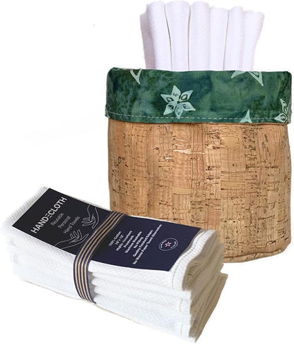 Reusable Paper Towel Set/Towels & Cork Fabric Basket/American Made/Machine Washable/Absorbent and Durable Edges/No Pilling (Reversible Green Star & Cork Bin, 12 Cloths)