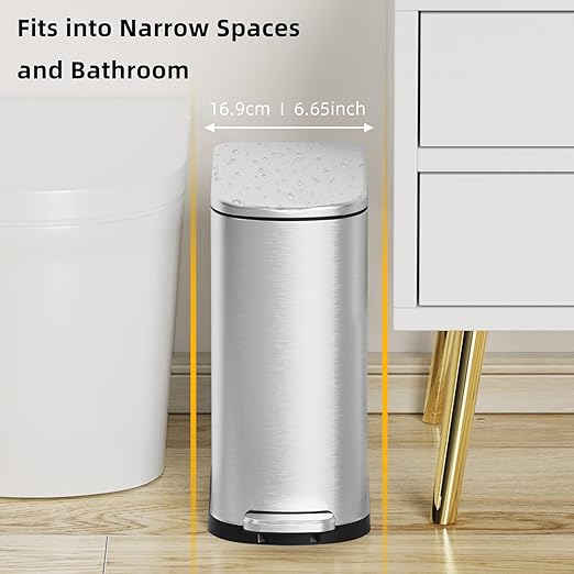 KSSKSS 2.6 Gallon Slim Bathroom Trash Can with Soft Close Lid, 10L Stainless Steel Garbage Can with Removable Liner Bucket, for Narrow Spaces,Bathroom, Bedroom (Silver)