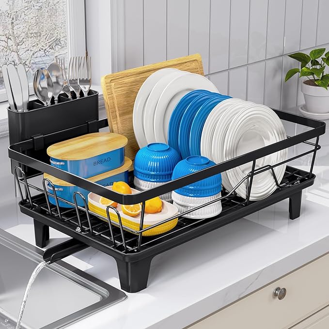 Urackify Dish Drying Rack for Kitchen Counter, Sink Dish Rack with Drainboard 12.2" W x 16.5" L, Large Dish Drainer with Cutlery Holder, Home Countertop Plate Dryer Storage Rack, Black