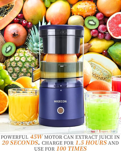 MIGECON Electric Citrus Juicer Machine, Orange Juicer with USB and Cleaning Brush, Portable Electric Juicer, Easy to Clean, for Lemons, Limes, and Grapefruit, Dark Blue