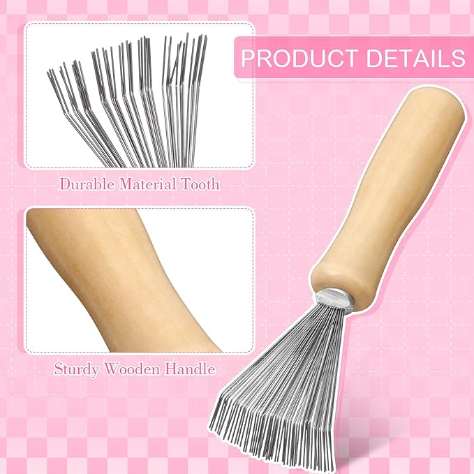 Boao 2 Pieces Hair Brush Cleaning Tool Comb Cleaner Brush Mini Comb Cleaning Hair Remover Tool for Removing Dust Home and Salon Use(Pink, Wood Color,Polished Wooden Handle Rake)