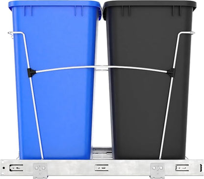 Rev-A-Shelf Double 35 Qt Pullout Trash Can for Base Kitchen Cabinets, Garbage Waste & Recycling Bin System with Full Extension Slides, Min Opening Width of 14.5", Blue/Black, RV-18KD-2218C-S