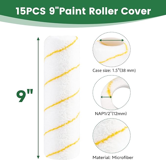 VOOMEY Paint Roller Covers, Microfiber Paint Roller 9 Inch, 3/8 Nap Roller 9 Inch,Pack of15, Paint Supplies for Painting Walls