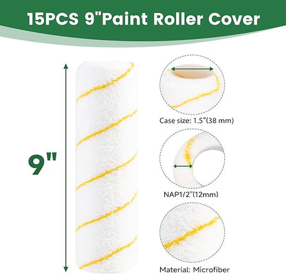VOOMEY Paint Roller Covers, Microfiber Paint Roller 9 Inch, 3/8 Nap Roller 9 Inch,Pack of15, Paint Supplies for Painting Walls