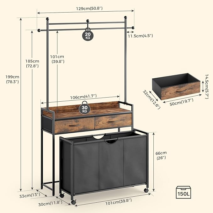 Mondeer Laundry Sorter with 2 Drawers and Hanging Rack, 150L Laundry Hamper with 3 Compartments Pull-Out Rolling Bag, Laundry Basket Organizer for Bathroom, Rustic Brown and Black