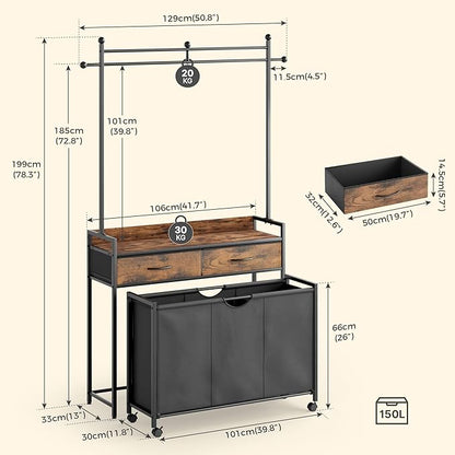 Mondeer Laundry Sorter with 2 Drawers and Hanging Rack, 150L Laundry Hamper with 3 Compartments Pull-Out Rolling Bag, Laundry Basket Organizer for Bathroom, Rustic Brown and Black