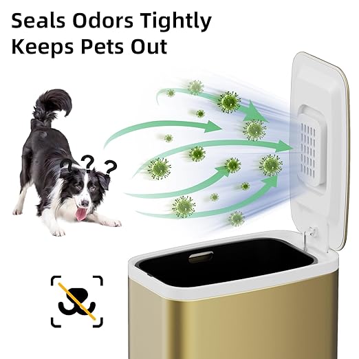 KdbK Champagne Gold Bathroom Trash Can with Lid Soft Close,1.6 Gallon Slim Garbage can,Small Metal Step Wastebasket for Office, Bedroom, Toilet, Live Room