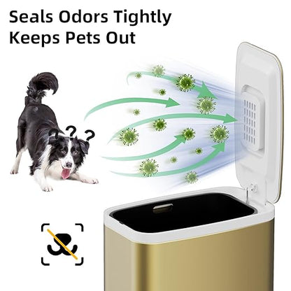 KdbK Champagne Gold Bathroom Trash Can with Lid Soft Close,1.6 Gallon Slim Garbage can,Small Metal Step Wastebasket for Office, Bedroom, Toilet, Live Room