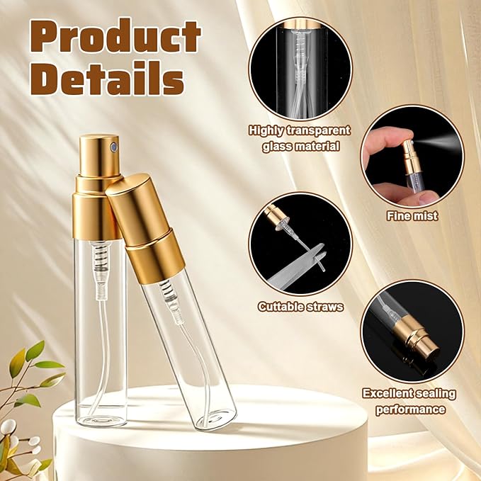 20 Pack 5ml Atomizer Glass Spray Bottles, Mini Perfume Spray Bottle, Fine Mist Atomizer Glass Bottle, Travel Size Mini Spray Bottles for Fragrance, Essential Oils, DIY Samples (Gold)