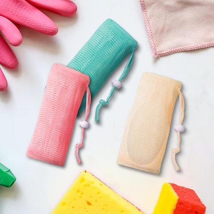 6Pcs Mesh Soap Bag, 3 Colors 6-layer Soft Soaps Pouch with Adjustable Buckle and Drawstring Soap Saver Bag to Create Foam for Body Facial Cleaning (3.12 "x 7.22" Green Pink Beige)
