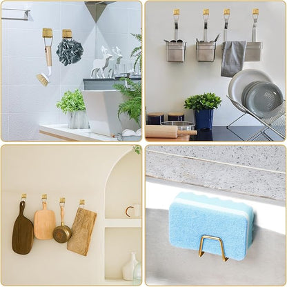 2Pcs Adhesive Sponge Holder for Kitchen Sink Essentials, Stainless Steel Dish Soap Holder, Rustproof and Waterproof, Quick Drying, Minimal Size Saves Space, Gold