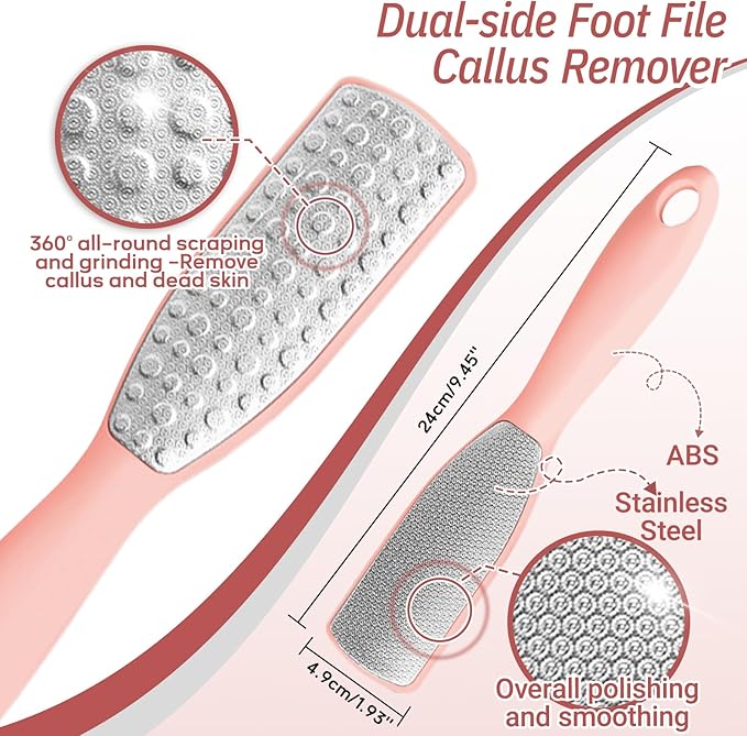 New Foot Brush & Foot File Set(2PCS), 3-in-1 Foot Scrubber in Shower, 10.2’’-27.5’’Adjustable Long Handle Foot Scrub Brush and Upgrade Foot File Callus Remover, Gift-Box Packed(Pink Set)