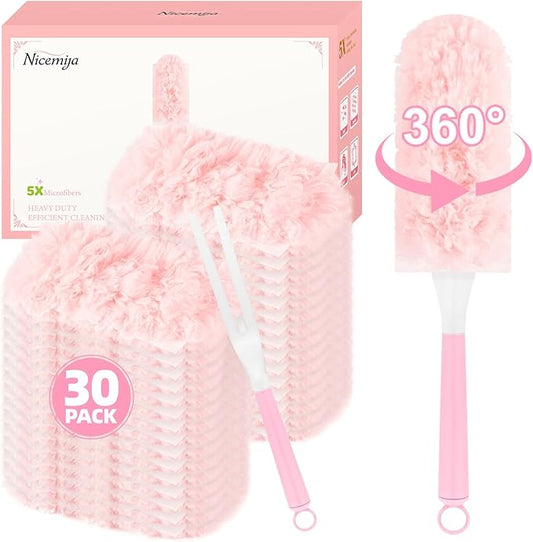 30 Count Pink Duster Refills Compatible with Swiffer Handle, 360° Multi-Surface Duster Refills with 1 Handle, 5X Microfibers Disposable Dusters for Home, Office Cleaning