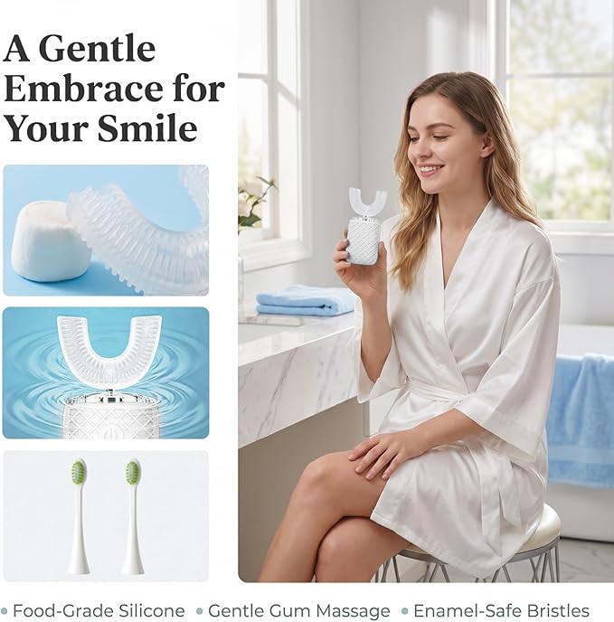 Sonic Electric U Shaped Toothbrush for Adults, Automatic Full Mouth Cleaning Toothbrush, 360° Stain Removal, IPX7 Waterproof Rechargeable, 3 U-Shape & 2 Straight Brush Heads (White - Cup)