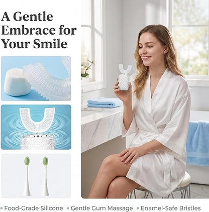 Sonic Electric U Shaped Toothbrush for Adults, Automatic Full Mouth Cleaning Toothbrush, 360° Stain Removal, IPX7 Waterproof Rechargeable, 3 U-Shape & 2 Straight Brush Heads (White - Cup)