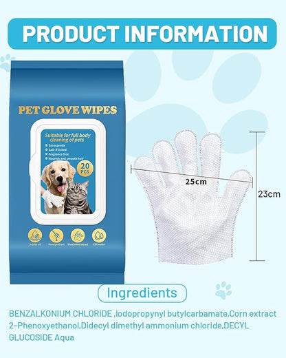 20 Pcs Dog Glove Wipes for Paws, Butt, Ears & Eyes - Pet Cleaning Wipes for Walk, Grooming & Potty | Extra Large Thick Rinse-Free for Dogs & Cats | Hypoallergenic Fragrance-Free for Travel & Camping