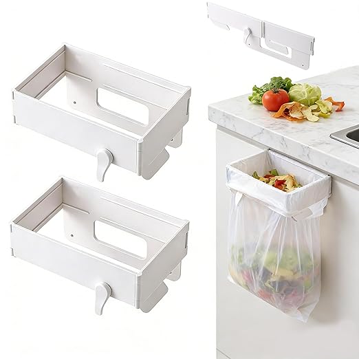 2 PCS Foldable Trash Bag Holder,Garbage Bag Holder,Hanging Waste Garbage Can Rack Magnetic Closure Waste Bag, Space Saving No Drill,for Cabinet Doors, Bathroom, Table Sides