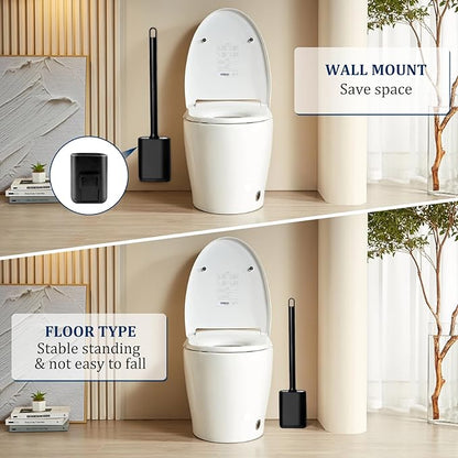 Silicone Toilet Brush and Holder Set, Toilet Brushes with Ventilated Holder, Wall Mounted Toilet Bowl Brush with Long Handle Bendable Brush Head, Black Toilet Brush Cleaner for Bathroom RV