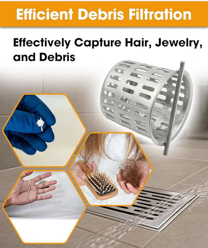 2 Pcs Debris and Hair Strainer for Shower Drains Floor Drain, 2 Inch Stainless Steel Debris Basket Hair Trap Catcher with 2 Lifting Hook, Straight Type