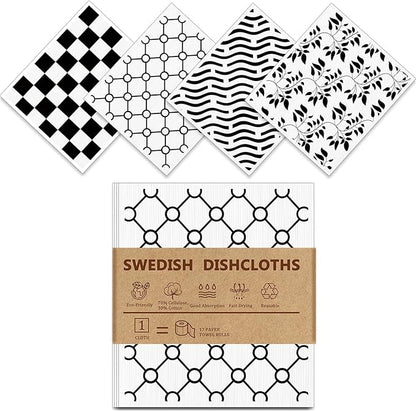Swedish Dishcloths for Kitchen - 4 Pack Geometric Pattern Reusable Paper Towels, Non-Scratch Cellulose Cloths, No Odor, Biodegradable Cleaning Cloths